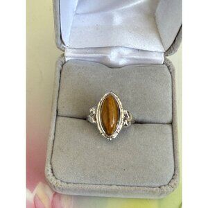 Vintage 70s Uncus Sterling Silver Ring Marquis Shape Tigers Eye Size 4